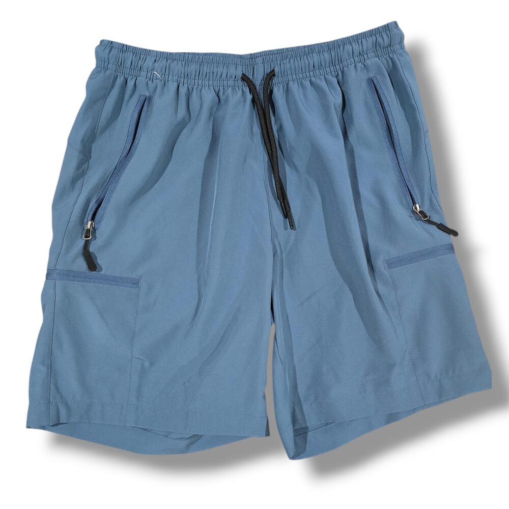 Santiny Mens Blue Athletic Shorts Size Small 7” Inseam Elastic Waist Zip Pockets